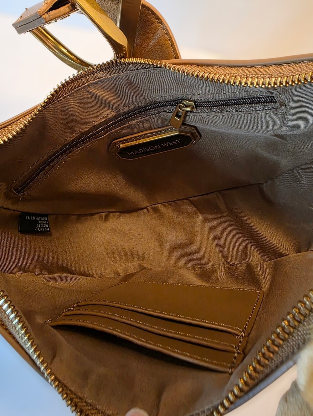 Asymmetric Crescent Shoulder Bag in Beige and Gold By Madison West - Picture 8 of 10